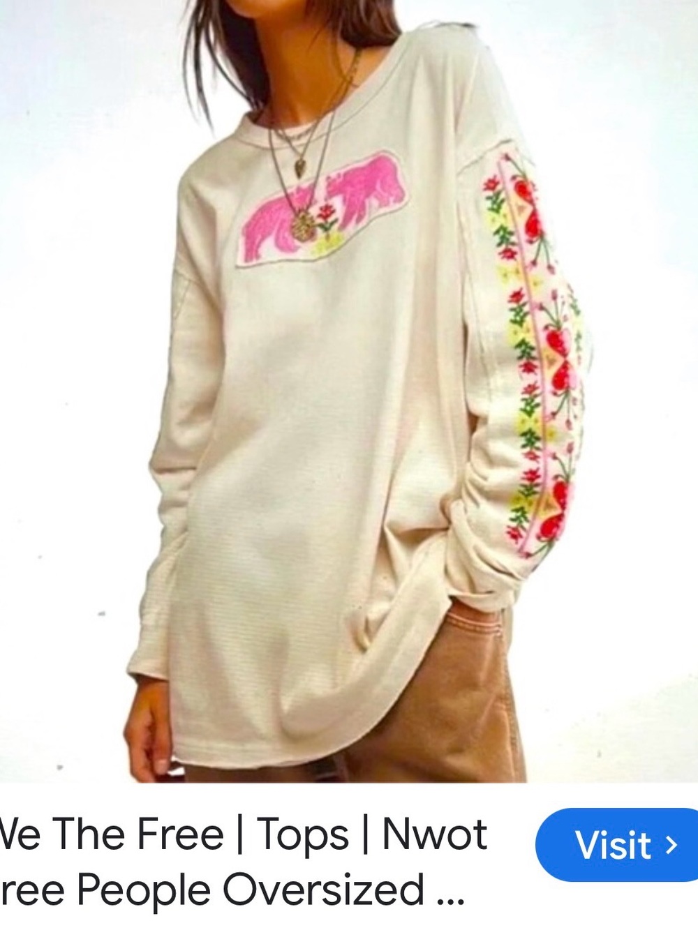 Free People Cream Oversized Top with Pink Elephant Motif